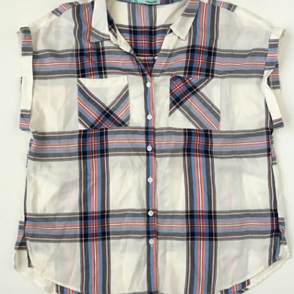 Maurices Short Sleeve Button Plaid Blouse Top L